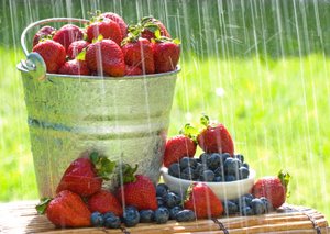 bucket of strawberries and blueberries